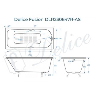 Ванна чугунная Delice Fusion DLR230647R-AS 170х70 с отверстиями под ручки и антискользящим покрытием